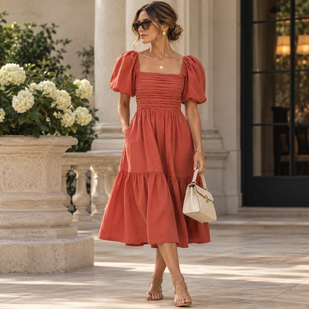 ABERCROMBIE & FITCH Emerson Linen Puff Sleeve Midi Dress Orange Sz XXL NWT 3K46